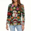 Women's Fashion Hem Slit Casual Christmas Printed Round Neck Long Sleeve Top