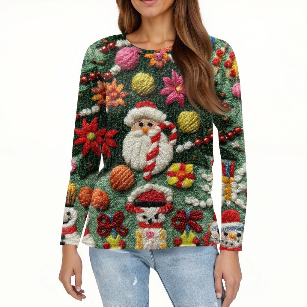 Women's Fashion Hem Slit Casual Christmas Printed Round Neck Long Sleeve Top