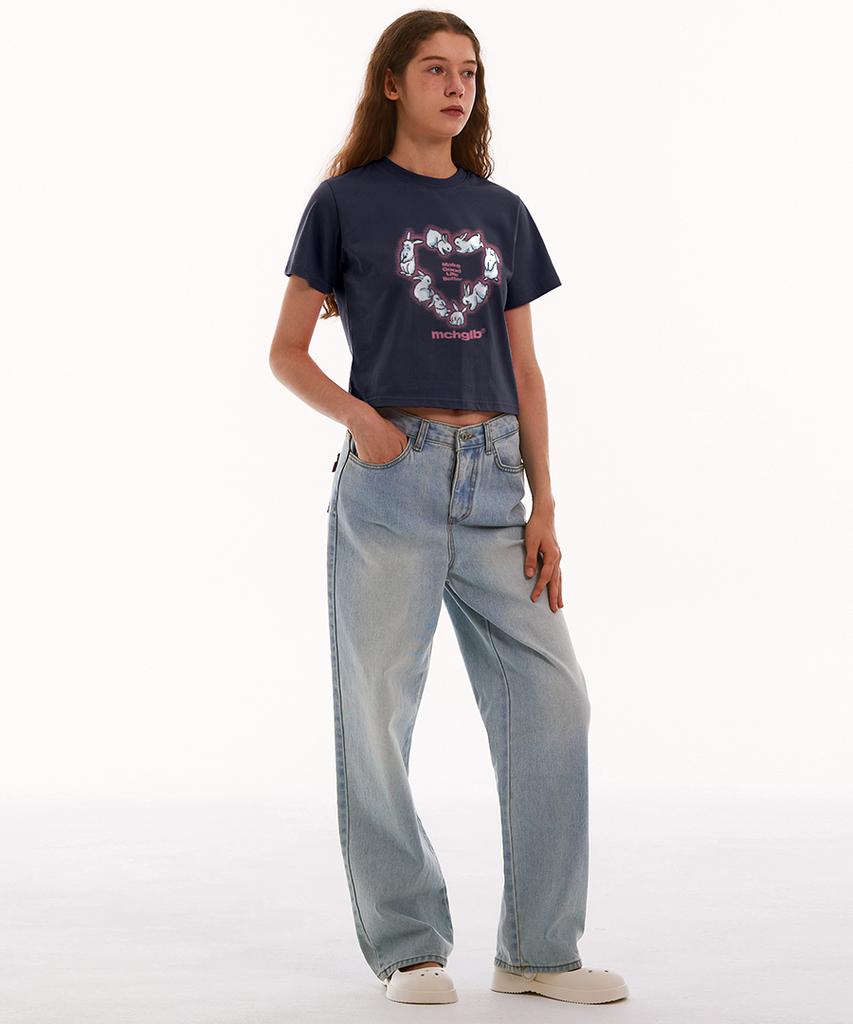 MATCHGLOBE Heart Rabbit Crop Top (Navy)
