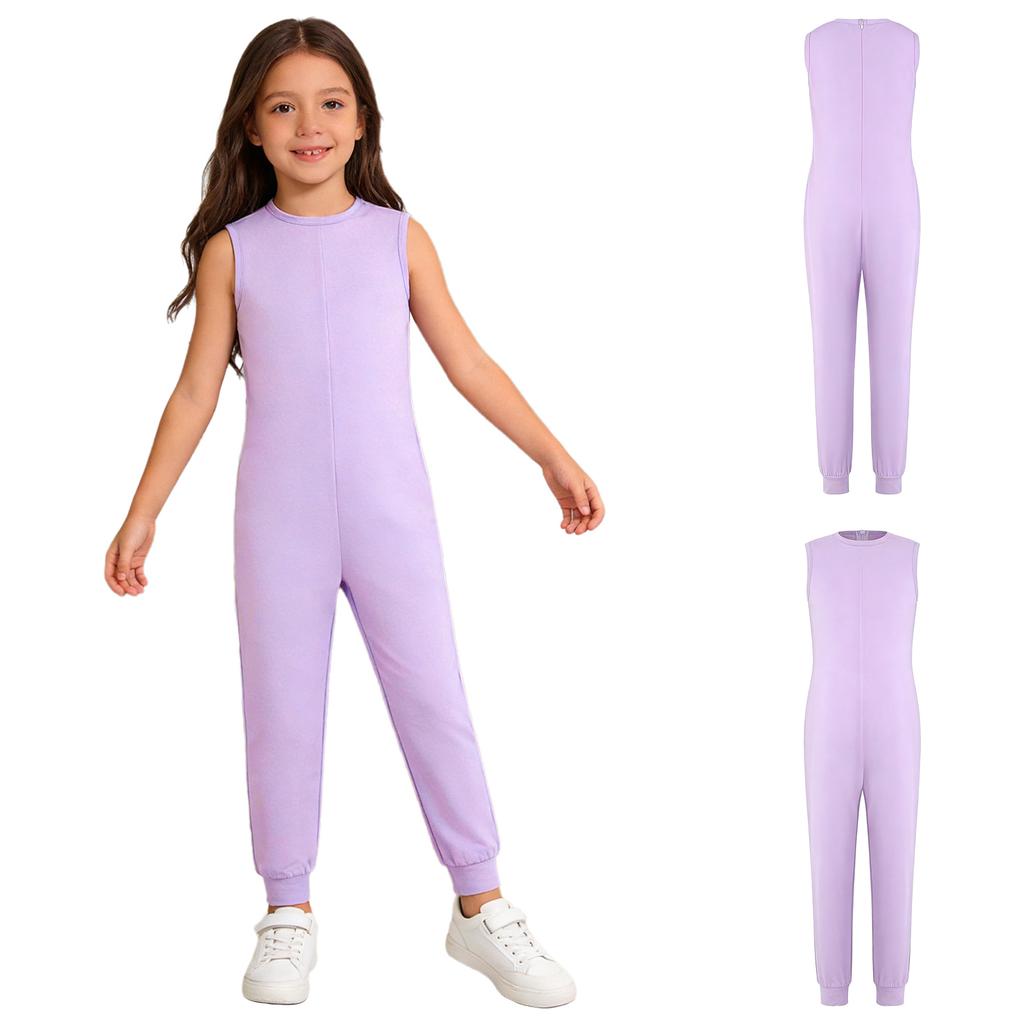 Unisex Kids Adaptive Full Body Jumpsuit Round Neck Sleeveless Solid Color Back Invisible Zipper for Special Needs Care