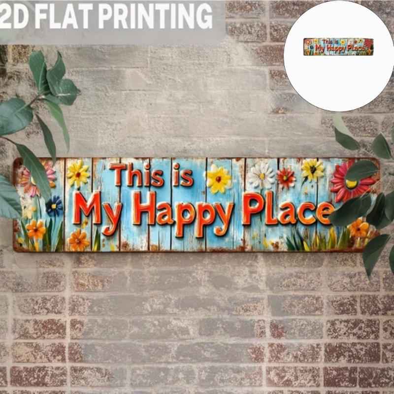 Happy Place Metal Wall Hanging Sign Garden Decors Florals Pattern Plaque For Family Gatherings And Festives Event