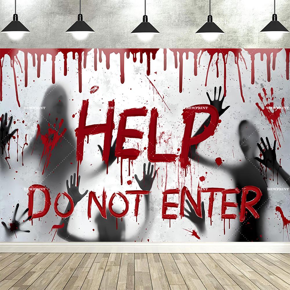 Halloween Backdrop Banner Help Do Not Enter No One Leaves Horrible Ghost Shadow Terror Zombie Skeleton Background Tapestry652