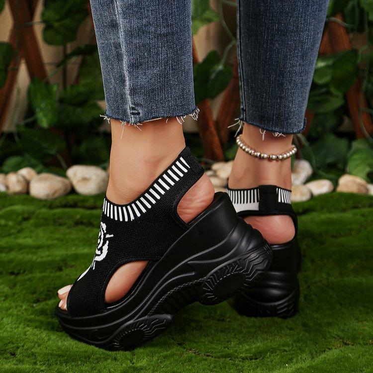 Plattform-Keilsandalen für Damen in Übergröße, atmungsaktives Geflecht, Fischmaul, elastisches Fußbett, leichte und bequeme Sandalen