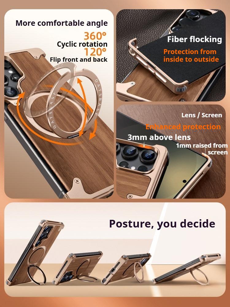 Eary Wooden Phone Case for Samsung Galaxy S26 S25 Ultra With Magnetic Stand 360°Rotatable Frameless Shockproof Protective Cover