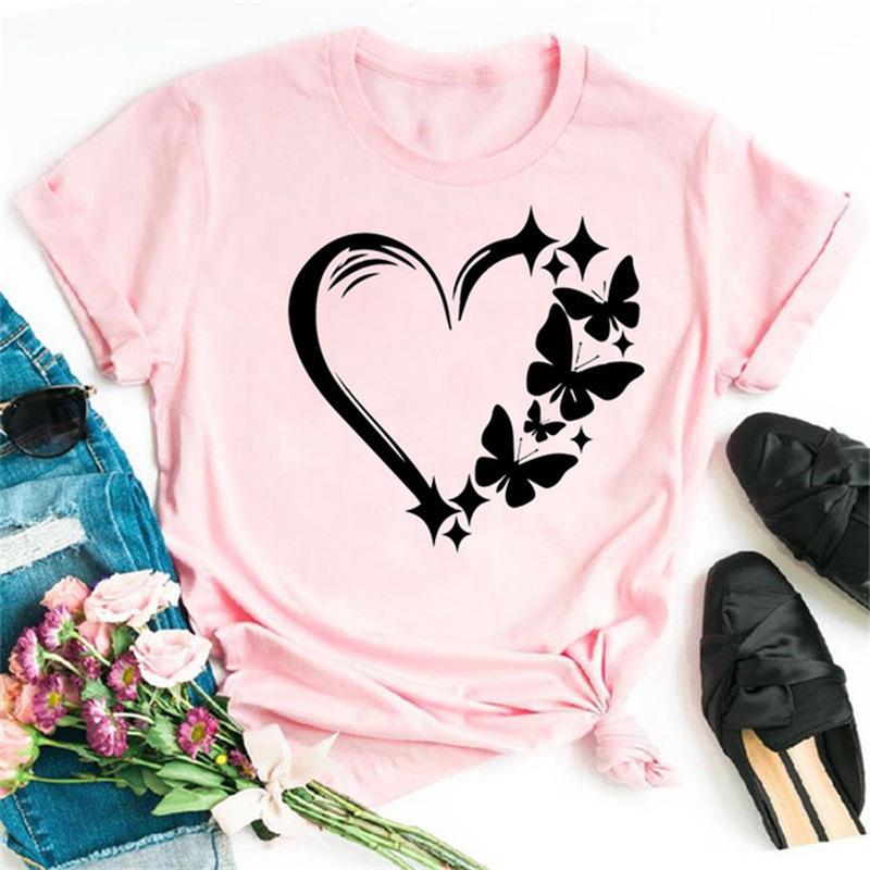 Women's Fashion T-shirt Short Sleeve Summer Cute Love Heart Print Casual Tee Tops