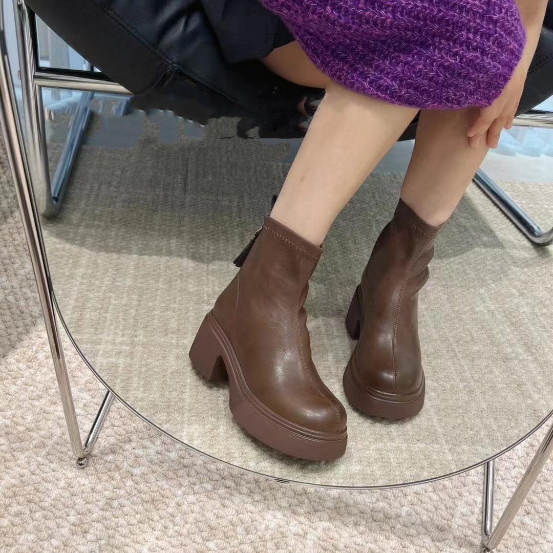 

2024 Горячие продажи Ретро ботинки Мартин в британском стиле, Дизайн до щиколотки на массивном каблуке, Женская мода, Универсальные и увеличивающие рост 36