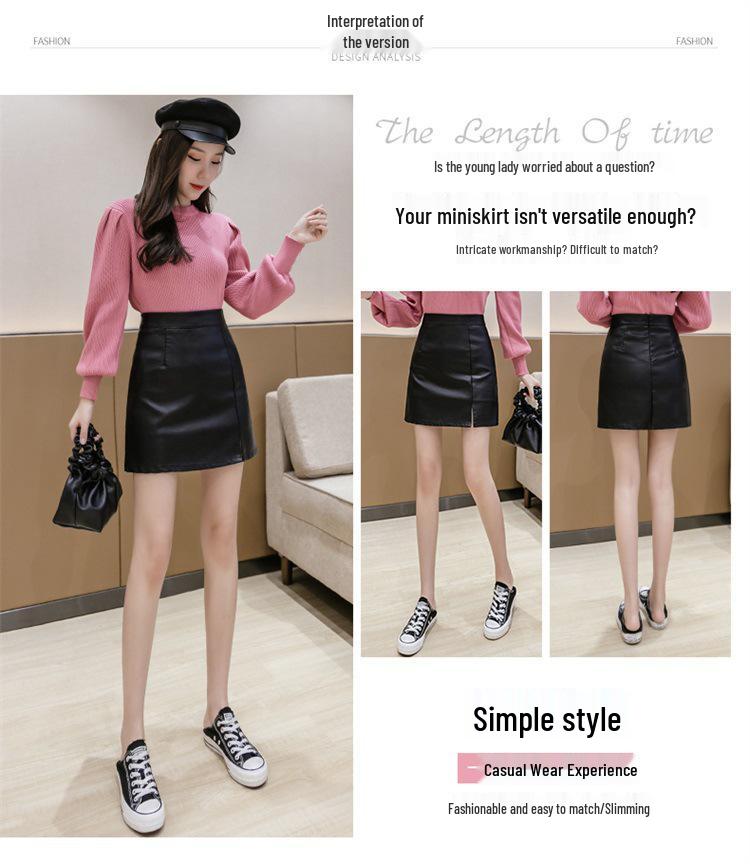 Women's High-Waist PU Leather A-Line Skirt - Black Slit Short Skirt for Autumn/Winter