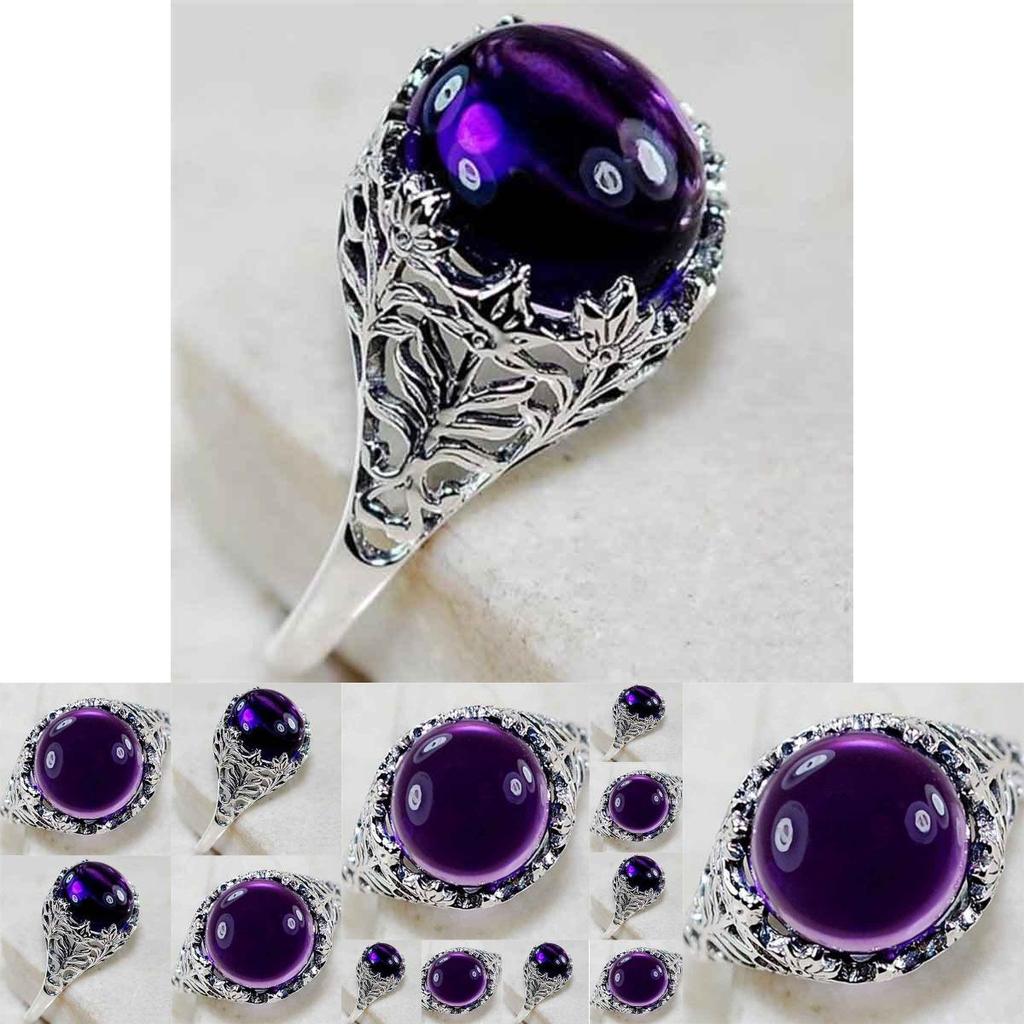 Elegant Purple Party Round Lady Jewelry Silver Plated Vintage Crystal Ring For Women