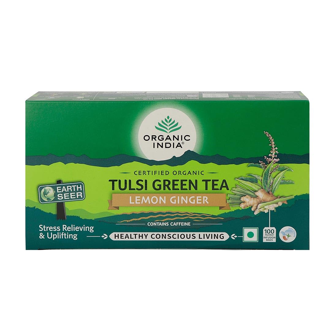 

Organic India Tulsi Green Tea Lemon Ginger 100 Teabags Refreshing Aromatic Blend For Daily Wellness And Uplifting