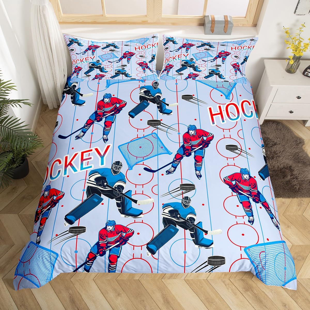 

Graffiti Ice Hockey Duvet Cover Winter Sport Bedding Set Kids Boys Hockey Player Comforter Cover Watercolor Sports Quilt Cover US Queen(228*228cm)3pcs