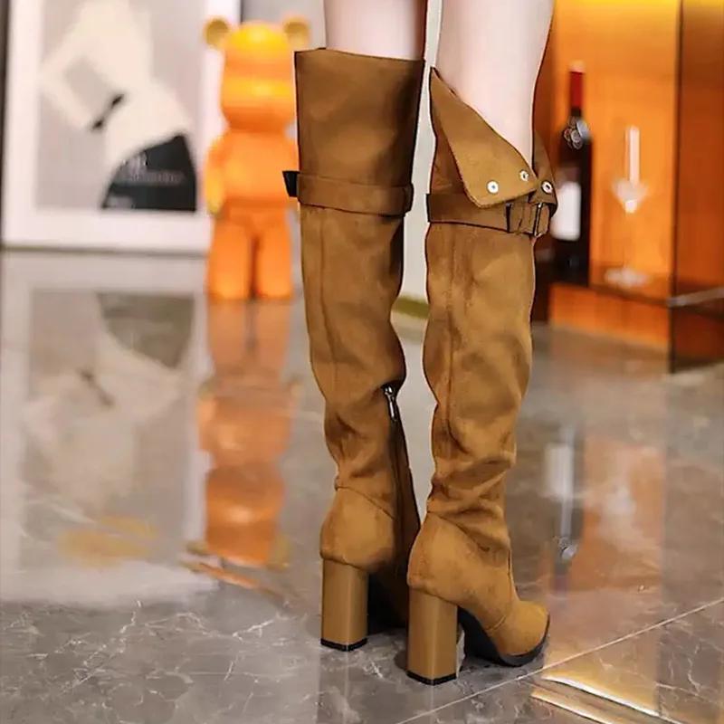 Winter Modern Women's Over The Knee Boots Fashion Pointed Toe Long Bootties Designer Thick Heels Botas De Mujer