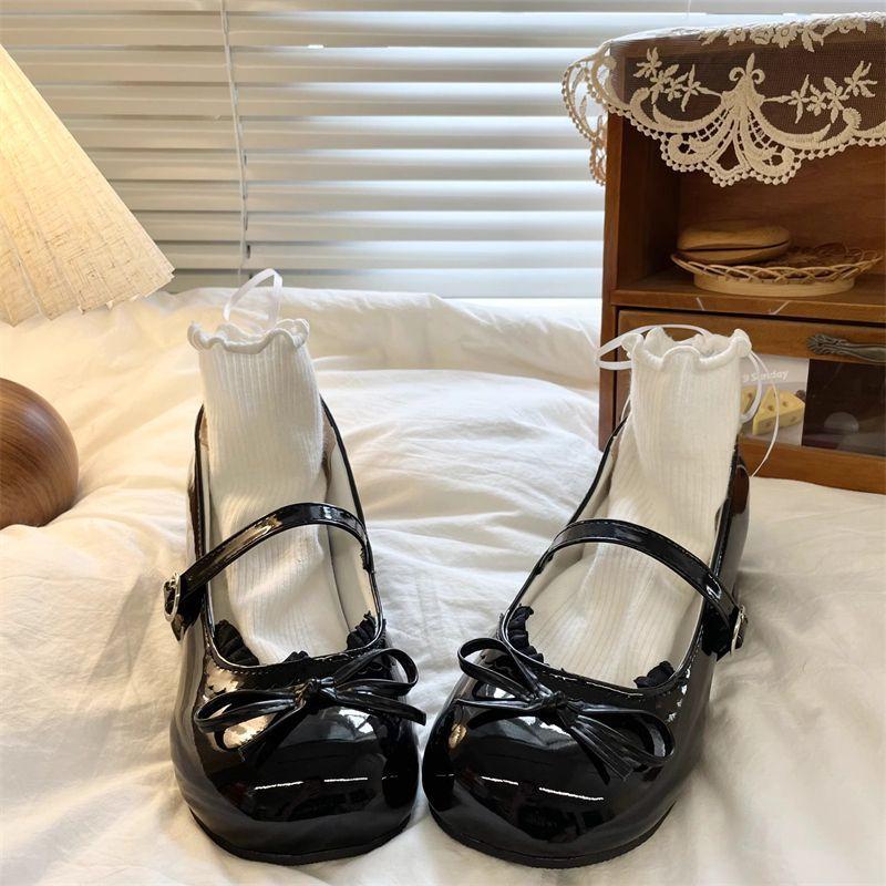 2025 New Fashion Lolita Style Cute Round Head Jane with Bow Women's Sweet Party Dress Midi Heels Mary Jane Shoes Women's Loafers