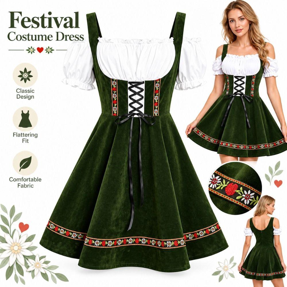 Ruffled Detail Bavarian Dirndl Dress Lace-Up Front Women’s Festival Dress Carnival Party