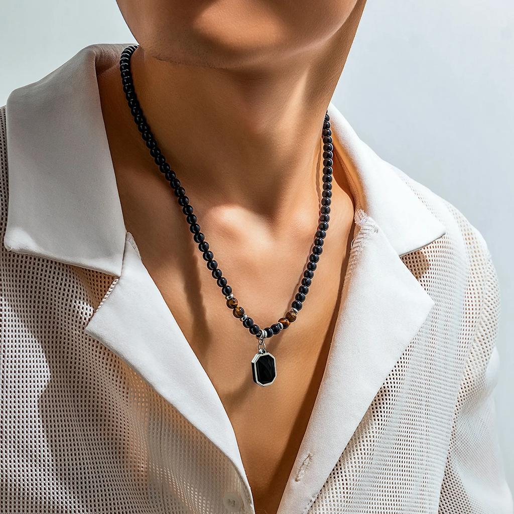 Black Beads with Square Pendant Necklace for Men Trendy Accessories on the Neck Collar 2025 Fashion Jewelry Male Gift Decoration
