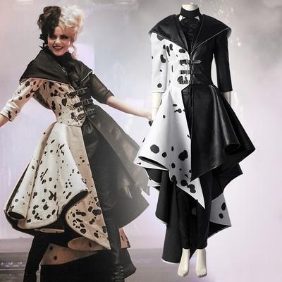 2025 Cruella De Vil Cosplay Kostým Dospělé Ženy Cruella Černobílé Puntíkované Šaty Sako Cruella Cosplay Kostým Kabát Šaty Outfit