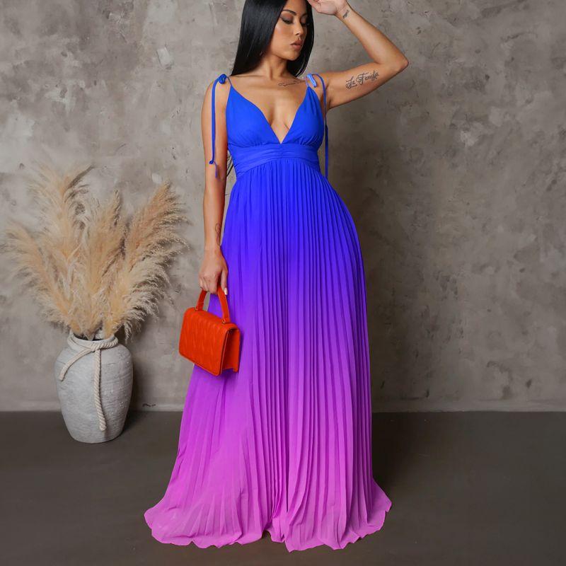 

D40 European and American Sexy Dress Sling V Gradient High Waist Sleeveless Color Ruched Skirt Swing Evening Dress Nightclub Dress Blue XXL