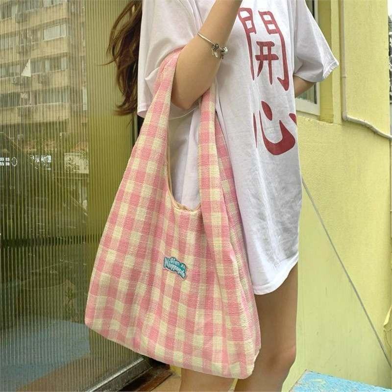 Plaid Small Fresh Mori Japanese Casual Versatile Shoulder Bag Large Capacity College Style Girl Tote Bag