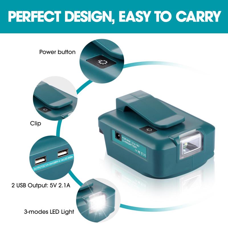 For Makita 14.4V/18V Lion Battery Dual USB converter Port with LED Light Spotlight Outdoor Flashlight for Makita Batteries