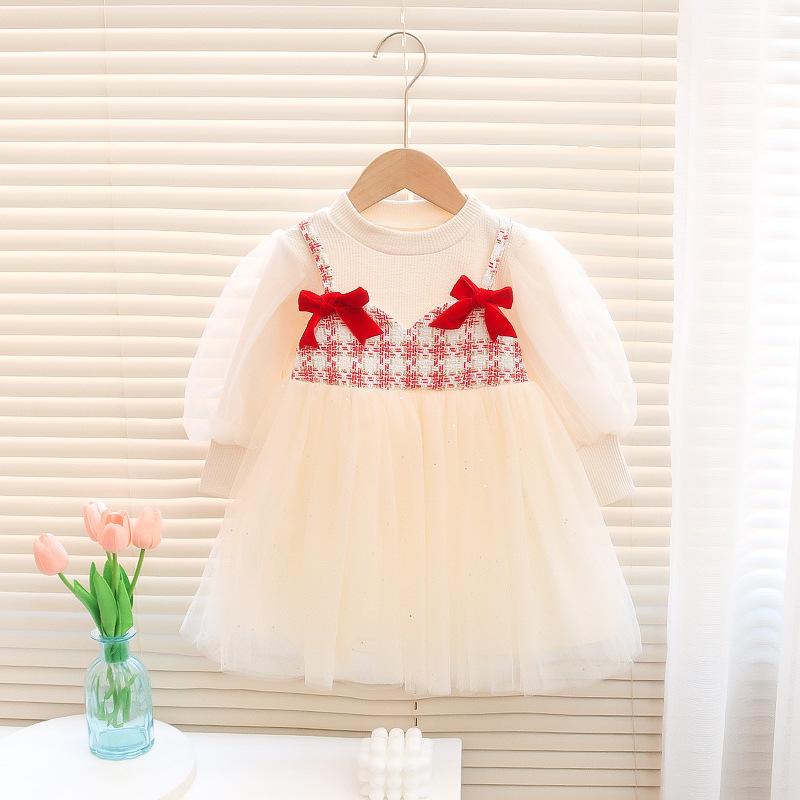 Spring Autumn Girls Long Sleeve Mesh Princess Dress Round Neck Children Clothing Sweet Toddler Party Gown 80cm