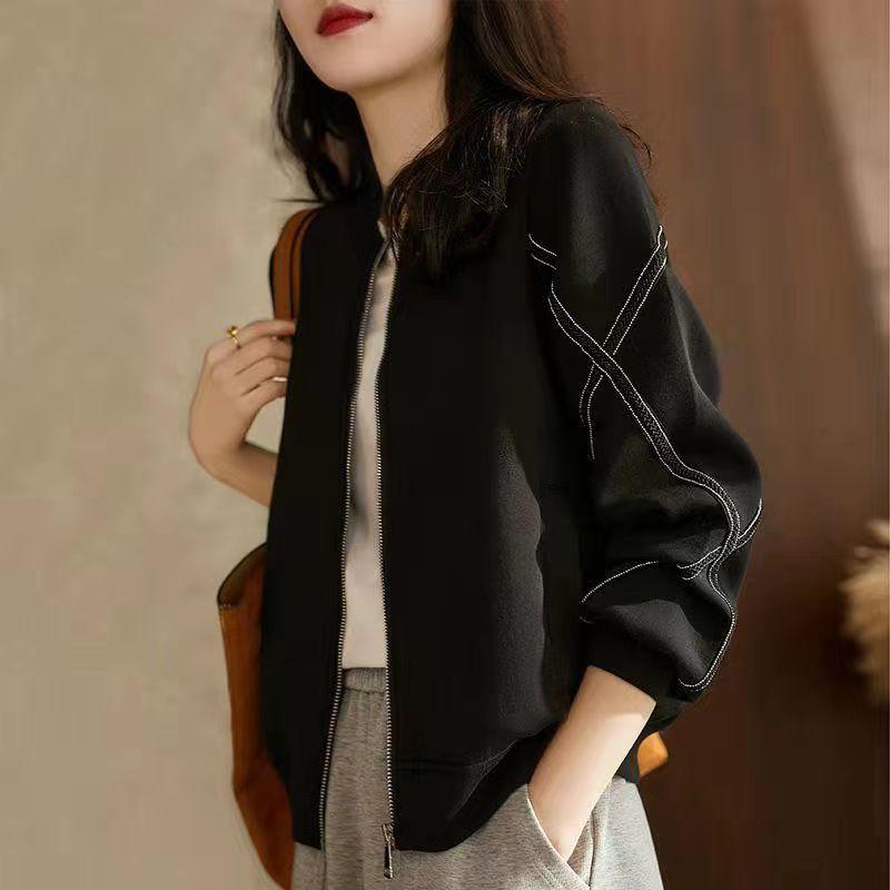 Hong Kong Style Baseball Jacket Black Coat Women Plus Size Slimming Womenswear Autumn Zip Up Cardigan