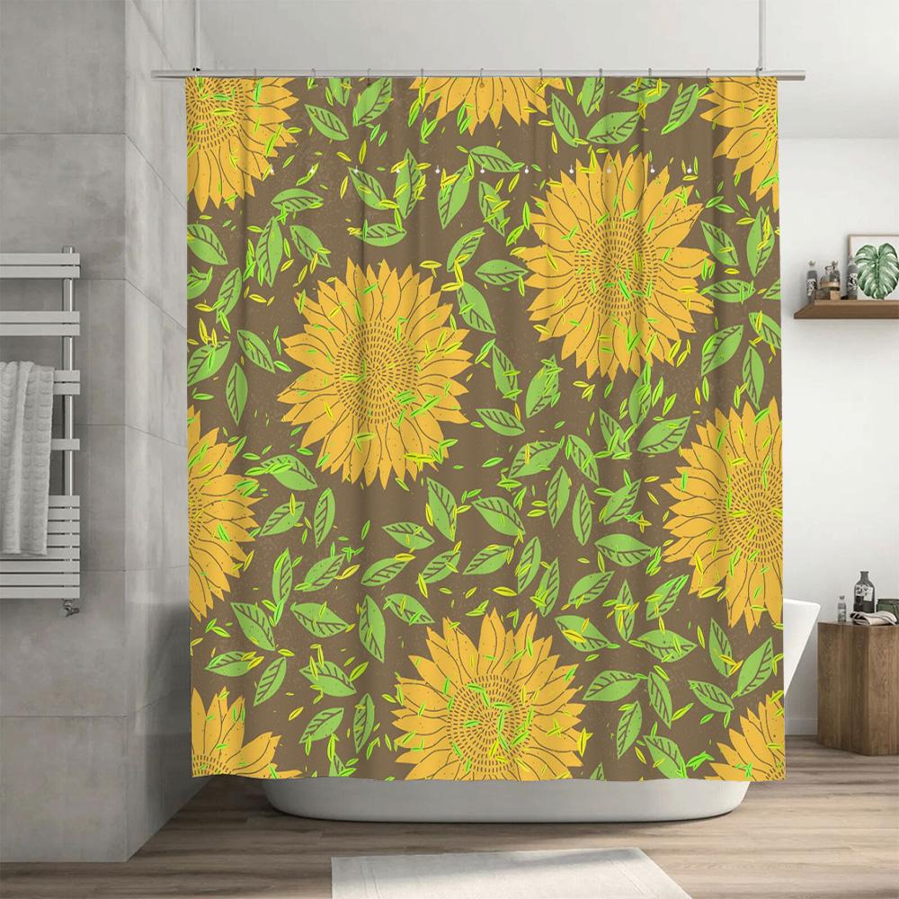Yellow Sunflower Shower Curtain Bath Decor with Leaves Pattern Print for Home Decoration Orange Green Brown Yellow