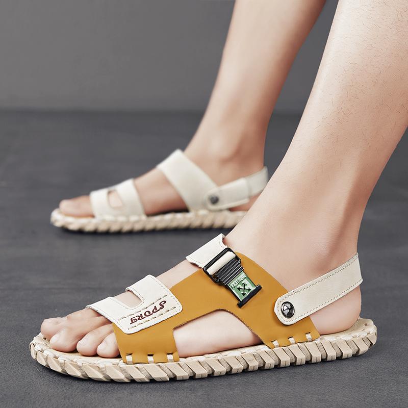 

Мужские походные сандалии черные кожаные уличные летние коричневые широкие ладонные туфли цвета хаки пляжная обувь больших размеров с открытым носком больших размеров EU:44 бежевый