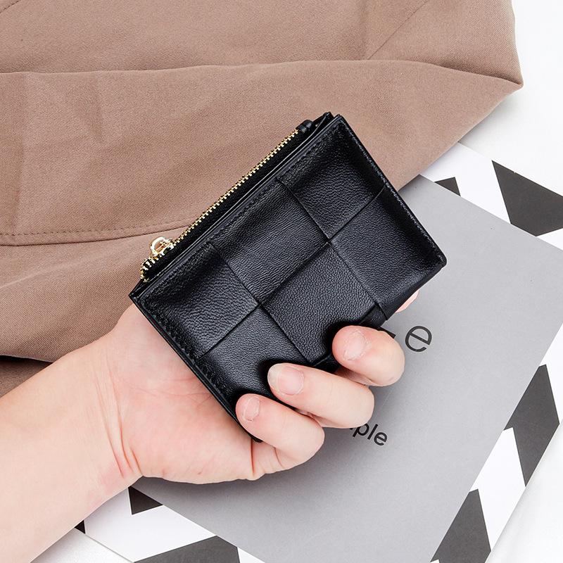 Women's Short Lambskin Woven Wallet: Foldable Card Holder & Zipper Coin Purse (2025)