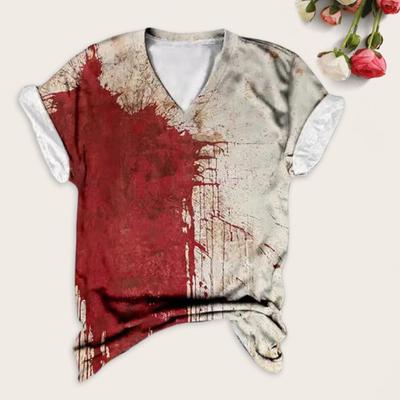 T-shirt Femme Col V Manches Courtes Horreur Halloween Imprimé Sang T-shirt Fin Extensible Cosplay Festivals Pull Tops