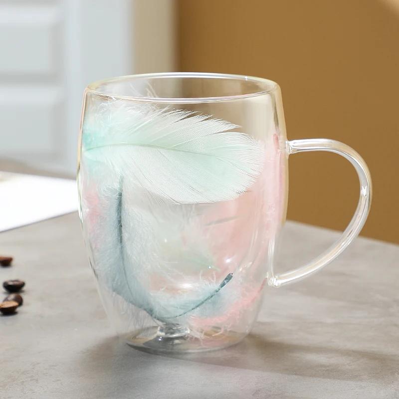 Transparent Feather Double-layer Glass Cup Creative Household Coffee Cup With Handle Heat-resistant And Cold-resistant Glass Cup