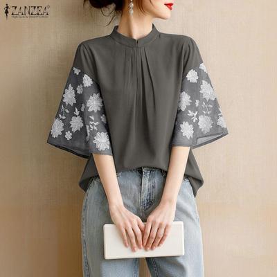 Women Stand Collar Print Splice Short Sleeve Casual Blouse