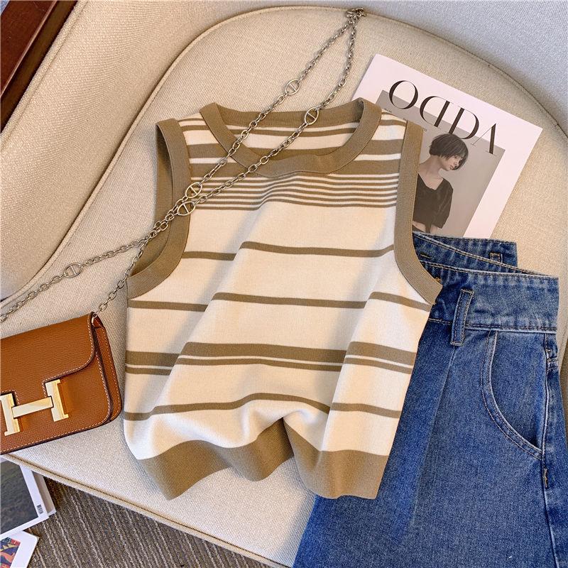 Korean Style Sweet Striped Crop Knit Tank Top - Sleeveless & High Waist Summer Blouse