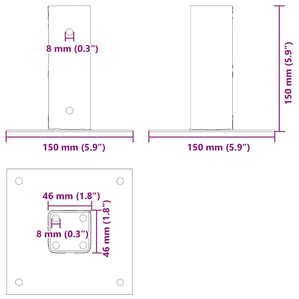 Square Post Base 4 pcs 46 x 46 mm Powder Coated Steel