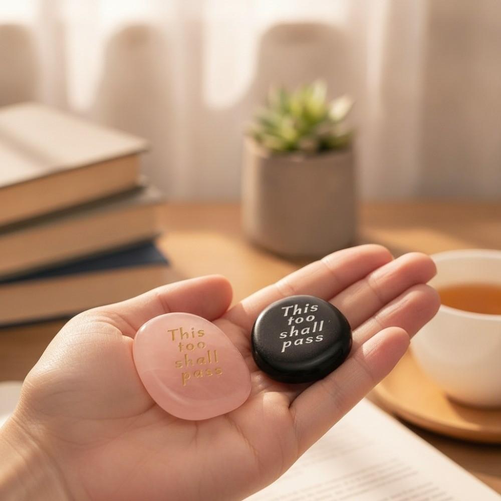 2pcs Pink Crystal Pocket Palm Stone Engraved Pattern Worry Stone For Mindfulness