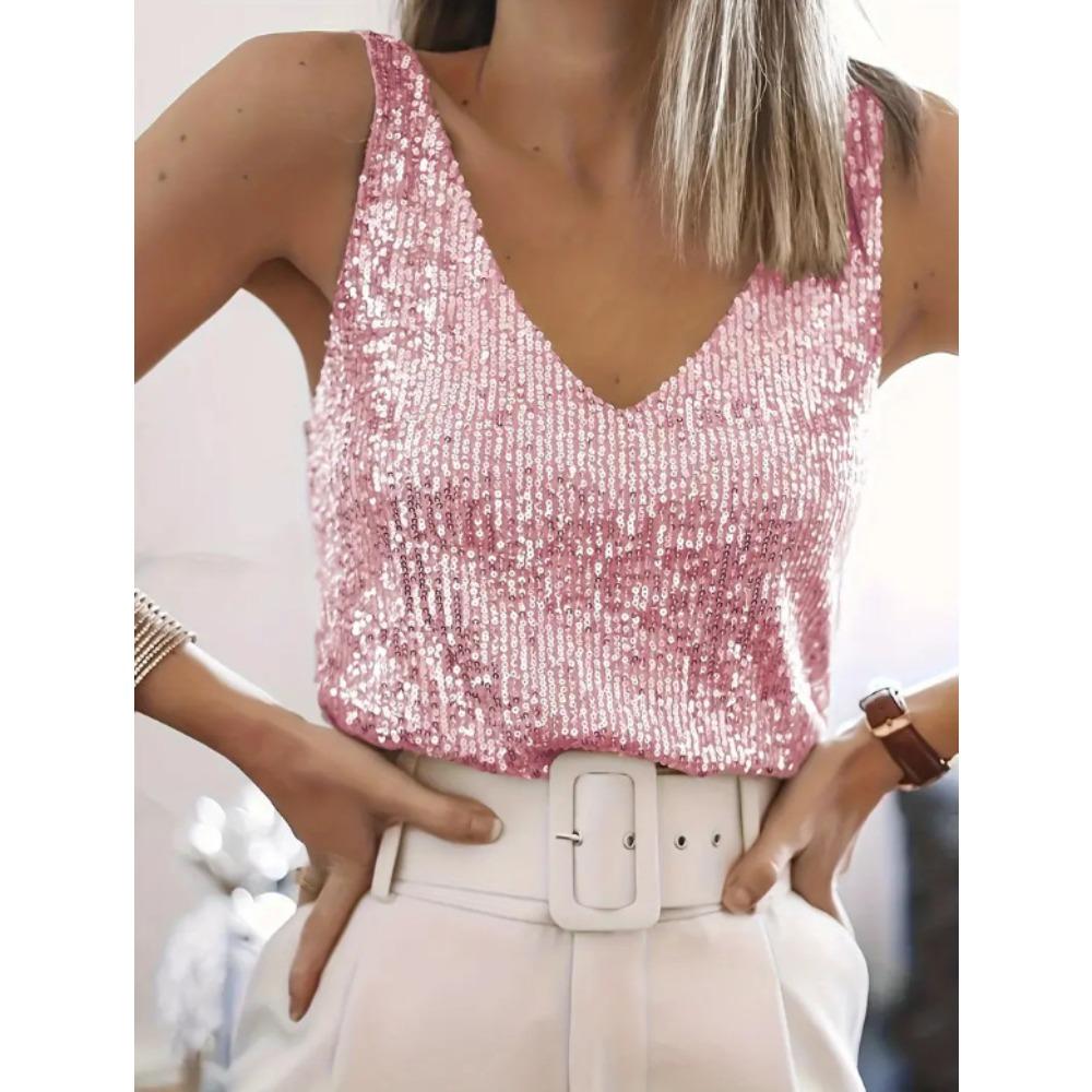 Women's V Neck Sleeveless Sequin Tank Top Straight Fit Elegant Party Cami Top