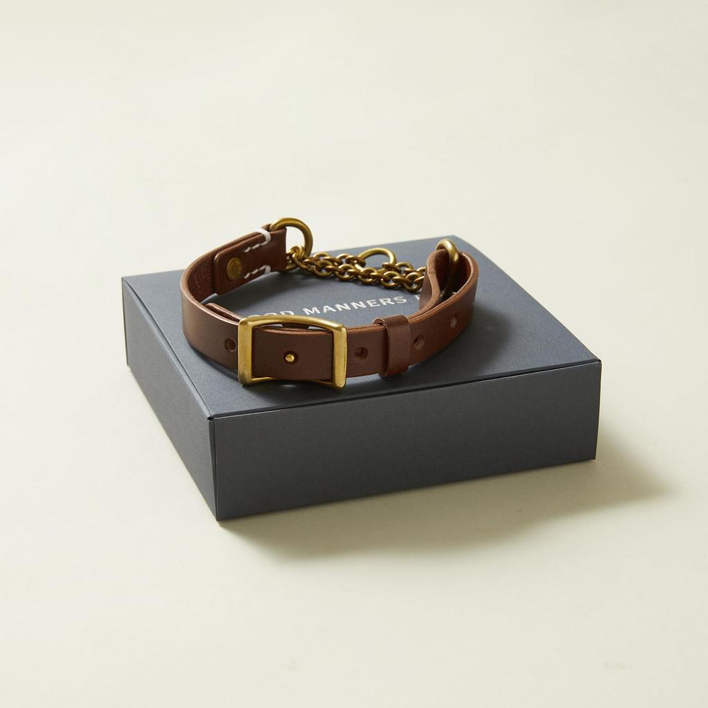 we original Leather Half Chain Collar Brown for Medium Dogs GOOD MANNERS DOG SERIES - (M) /