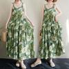2025 Summer Cotton Linen Patchwork Long Dress with Large Hem and Slimming Fit
