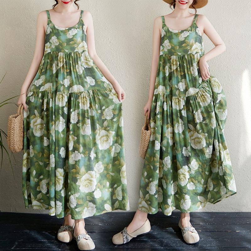 2025 Summer Cotton Linen Patchwork Long Dress with Large Hem and Slimming Fit