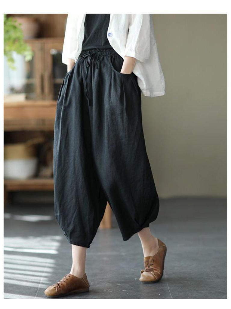Women's Dopamine Retro Zen Style Elastic Waist Cotton Linen Cropped Harem Pants for Spring Summer