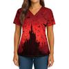 Women's Halloween Printed V-Neck Double Pocket Short Sleeves Hem Slit Uniform Caregiver Top
