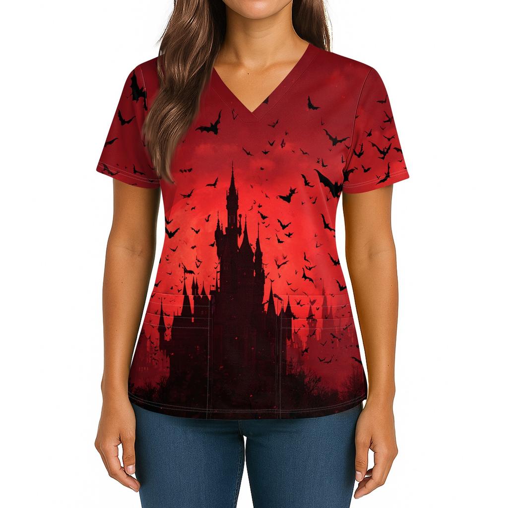 Women's Halloween Printed V-Neck Double Pocket Short Sleeves Hem Slit Uniform Caregiver Top