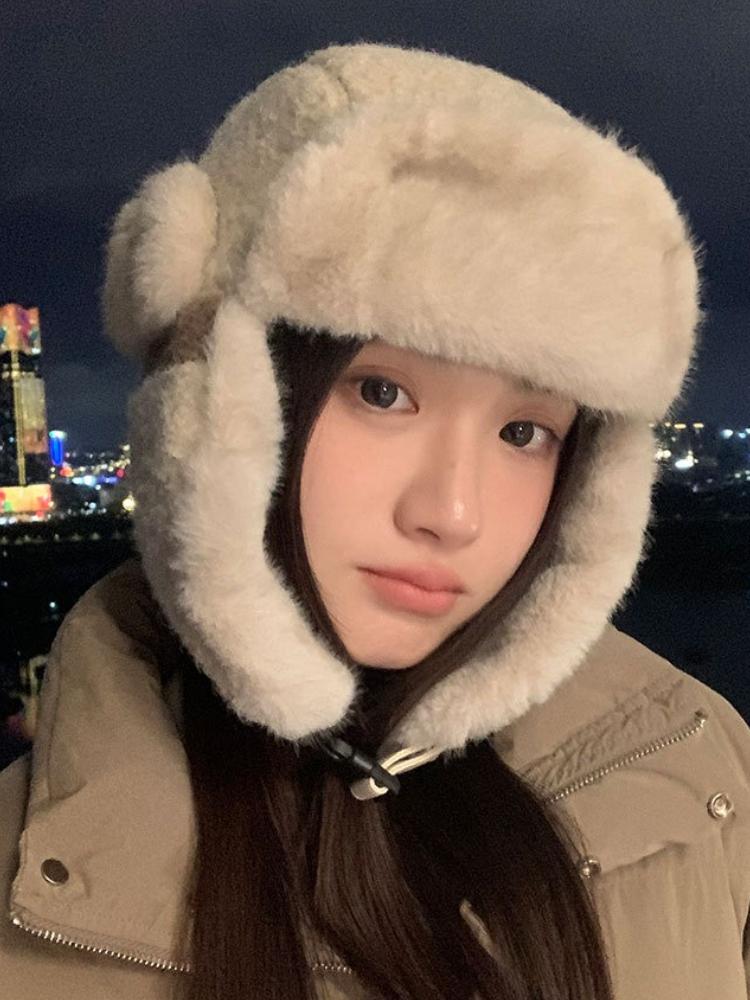 Plush Hat Women's Autumn and Winter Lei Feng Hat, Plush Thickened Warm Cycling Cold Ear Protection Hat