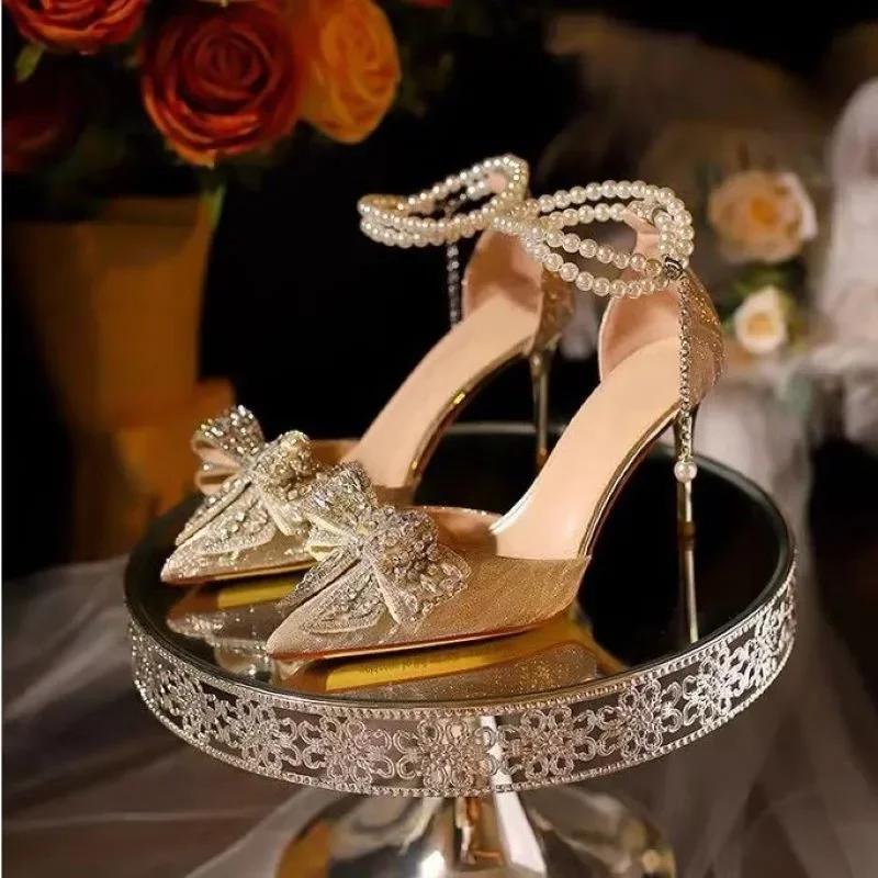 Spring Summer Fashion Pointed Toe Sandals Women's Rhinestone Pearl Butterfly Gold Silver High Heels Party Wedding Heeled Shoes
