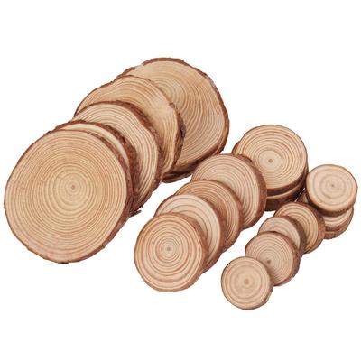 Round Pine Wood Slices for DIY Crafts, Featuring Handmade and Children's Projects with Annual Rings Coaster Design.
