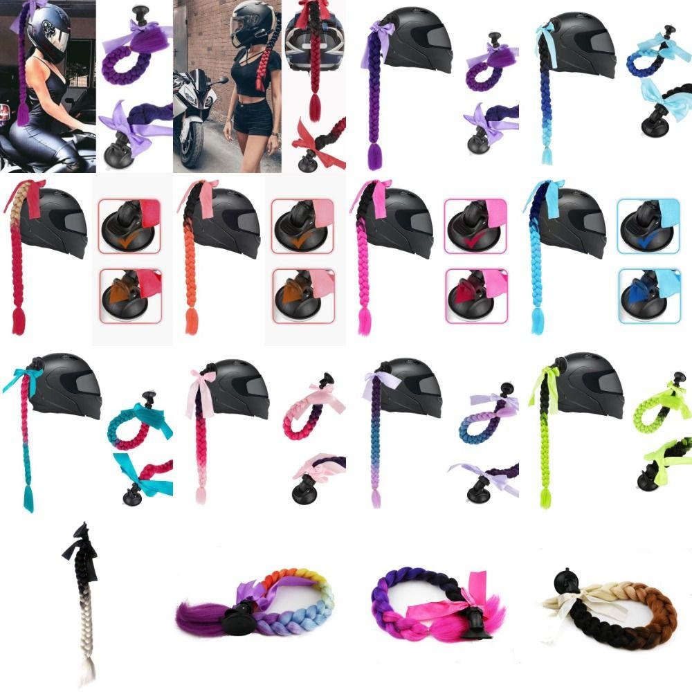 with Suction Cup Synthetic Helmet Pigtails with Bowknot Motorcycle Helmet Braids Wig Woman