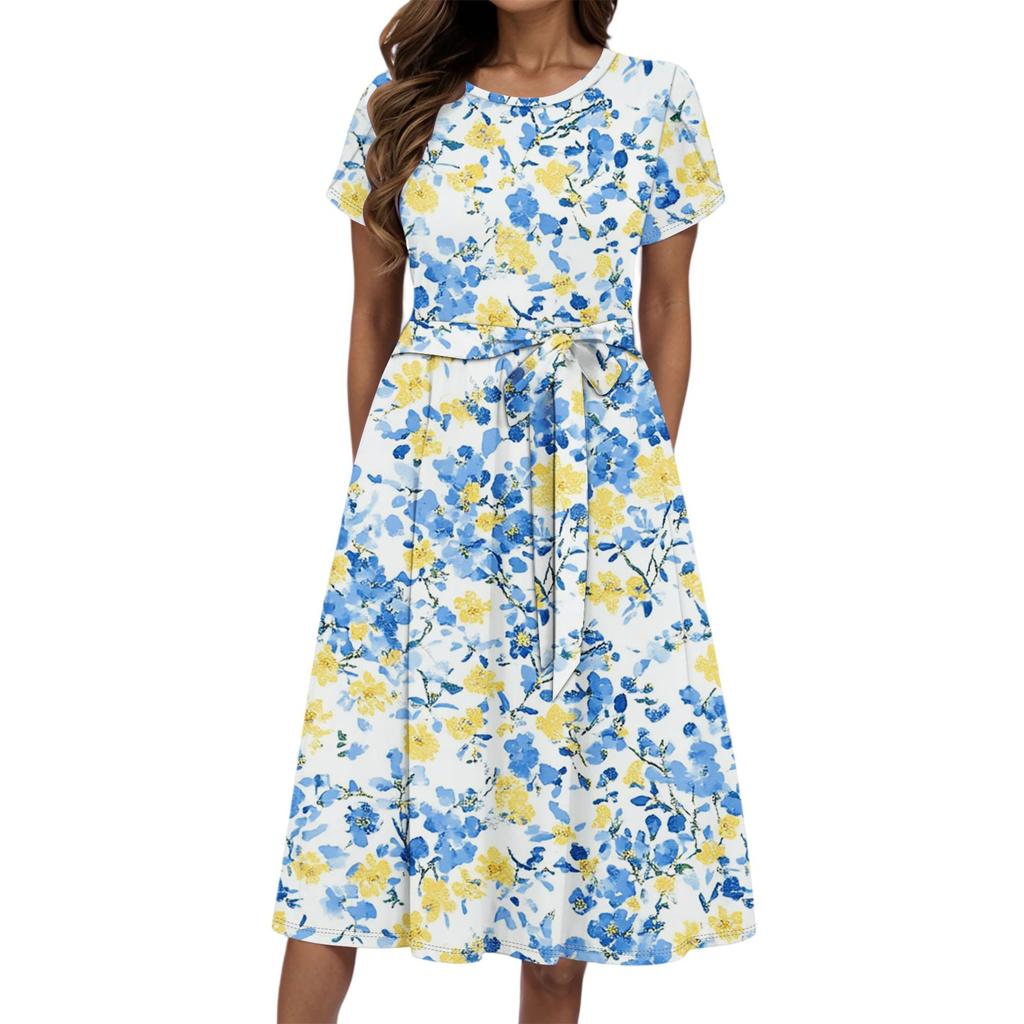 Women's Summer Fashion Round Neck Casual Plant Floral Print Short Sleeve Dress