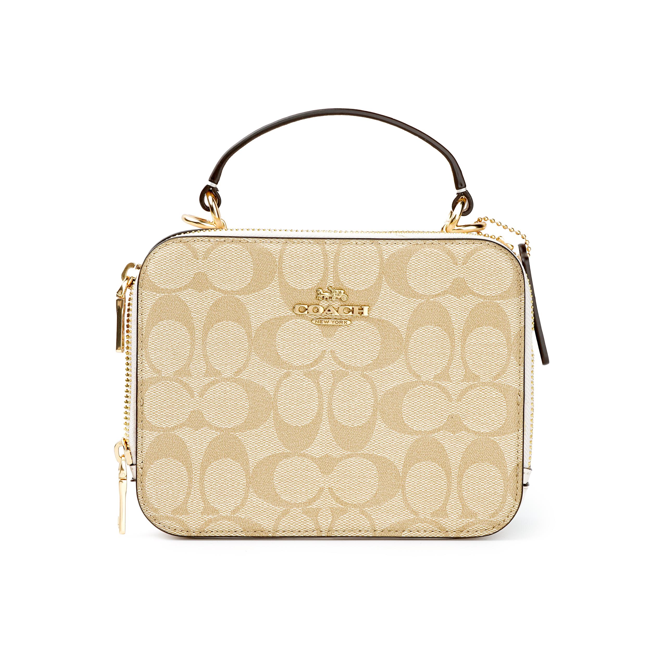 

Coach Box Crossbody 18 Monogram Canvas And Leather Small Camera Bag Women bags Khaki White C3148-IMDQC Basic Set (Bag+Dust Bag)
