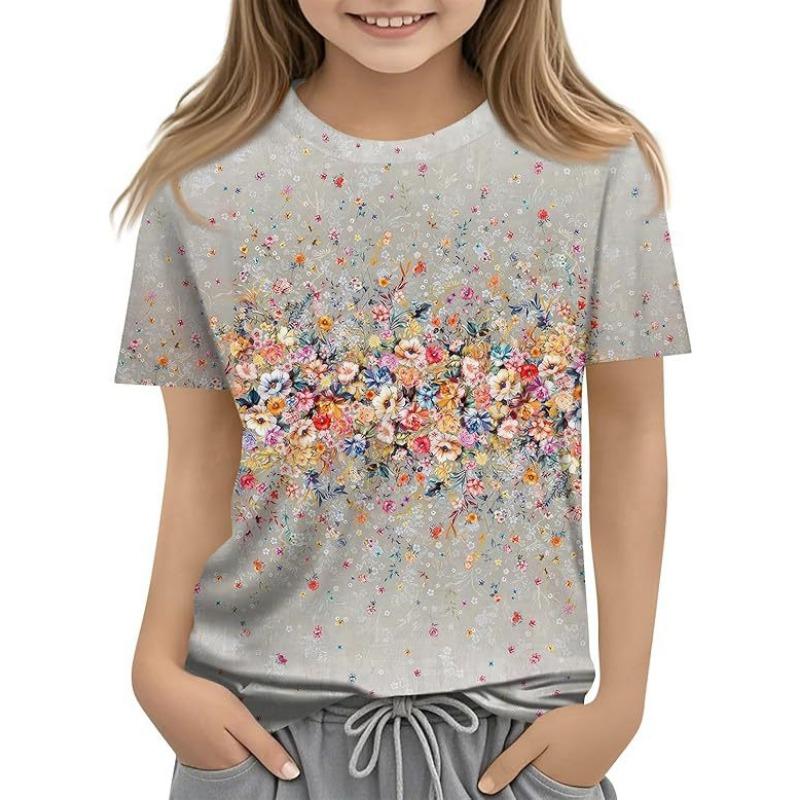 Children's Casual Versatile Pattern Children's Women's Short Sleeved Round Neck T-shirt