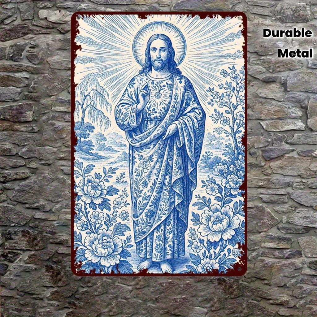 D Metal Sign Metal Sacred Heart Wall Decor with Blue Christ Rosary Medal Catholic Religious Art for Home Church Chapel Dur