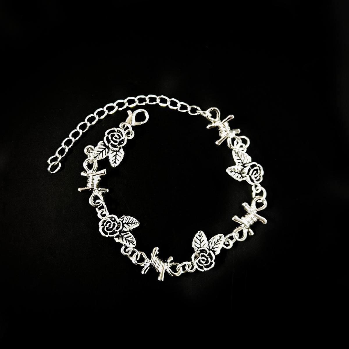 

Personality Punk Sliver Color Thorny Roses Leaves Metal Wire Chain Bracelet for Women Men Hip Hop Gothic Jewelry Accessory Gift