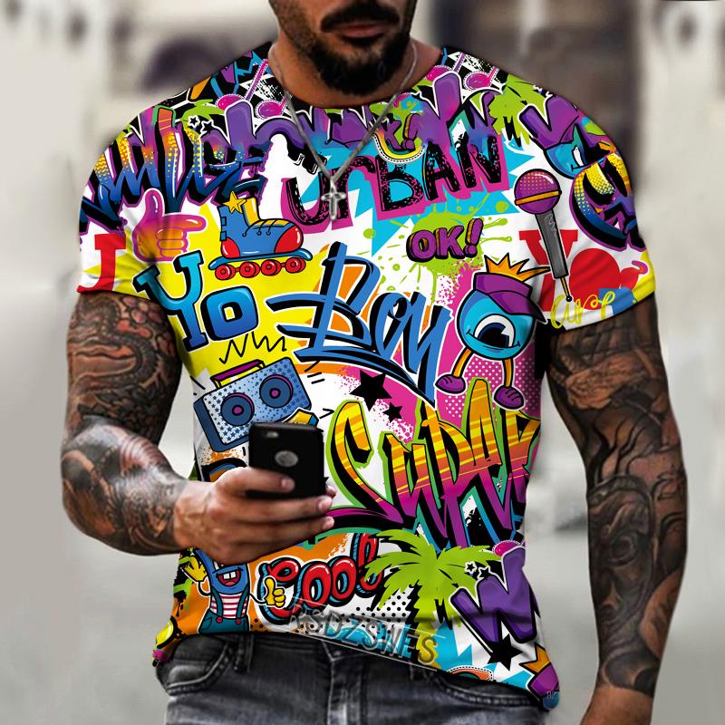 Summer Round Neck 3D Graffiti Explosive Element Print Top Fashionable Casual Short Sleeved Men's T-shirts
